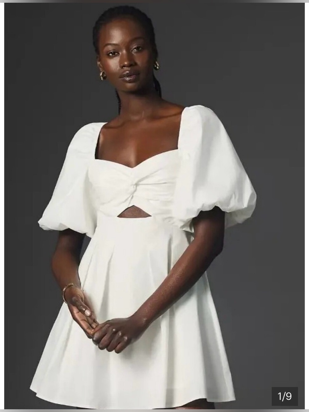 Anthropologie Moon River White Puff-Sleeve Mini Dress with Sweetheart Neckline S